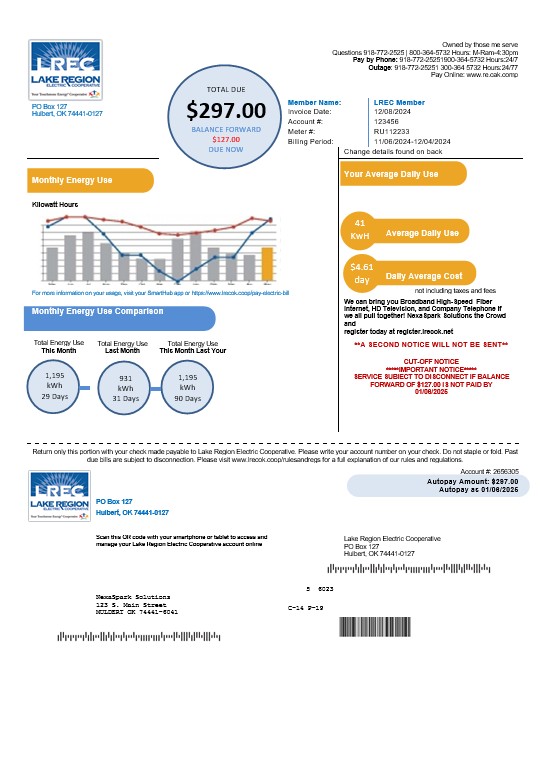 USA Oklahoma LREC Lake Region  business utility bill template in Word and PDF formats